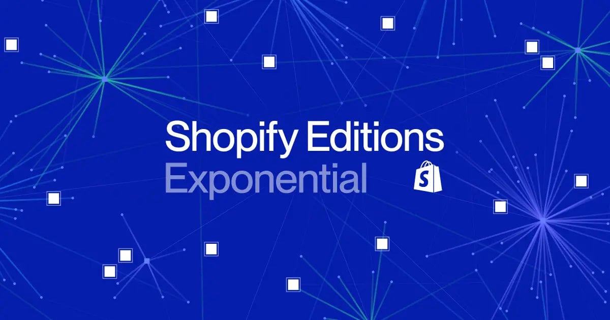 Arte oficial do Shopify Editions Exponential, com uma rede de pontos e conexões sobre fundo azul
